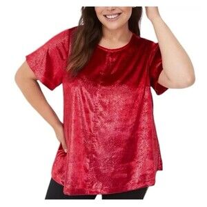 Lane Bryant Womens Red Shimmer Top Holiday Short Sleeve Soft Velvet 16